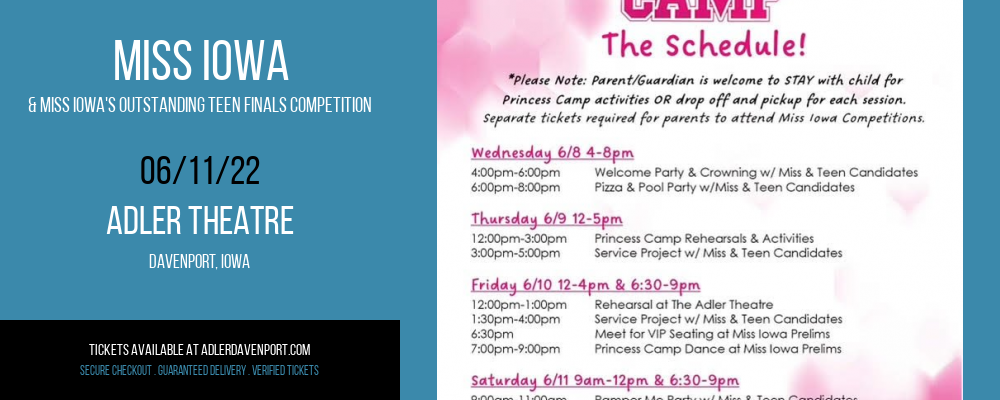 Miss Iowa & Miss Iowa's Outstanding Teen Finals Competition at Adler Theatre tickets Miss Iowa & Miss Iowa's Outstanding Teen Finals Competition at Adler Theatre